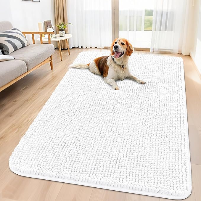 Smiry Dog Door Mat for Muddy Paws 59x32, Absorbent Dirt Trapper, Non-Slip Washable Chenille Entryway Rug for Inside Floor, White, Classic Solid