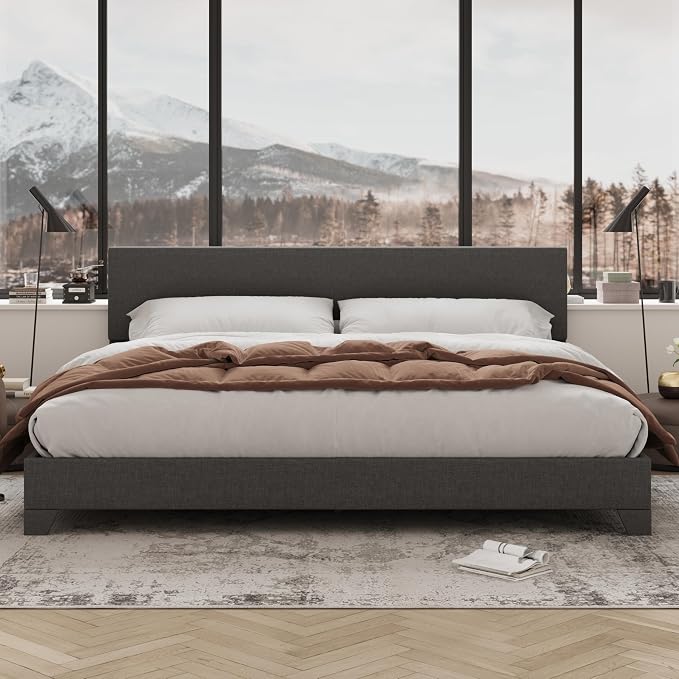 Allewie King Size Upholstered Bed Frame Adjustable Headboard, Dark Grey | Platform Bed with Heavy Duty Mattress Foundation, Noise-Free, Easy Assembly, Wood Slat Support, No Box Spring Needed