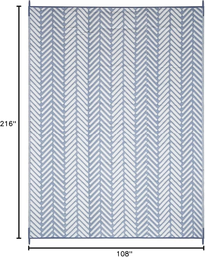 FH Home Outdoor Camping Rug - Waterproof, Fade Resistant, Reversible - Premium Recycled Plastic - Herringbone - Large Patio, Deck, Sunroom, RV - Fresno - Light Blue - 9 x 18 ft Foldable