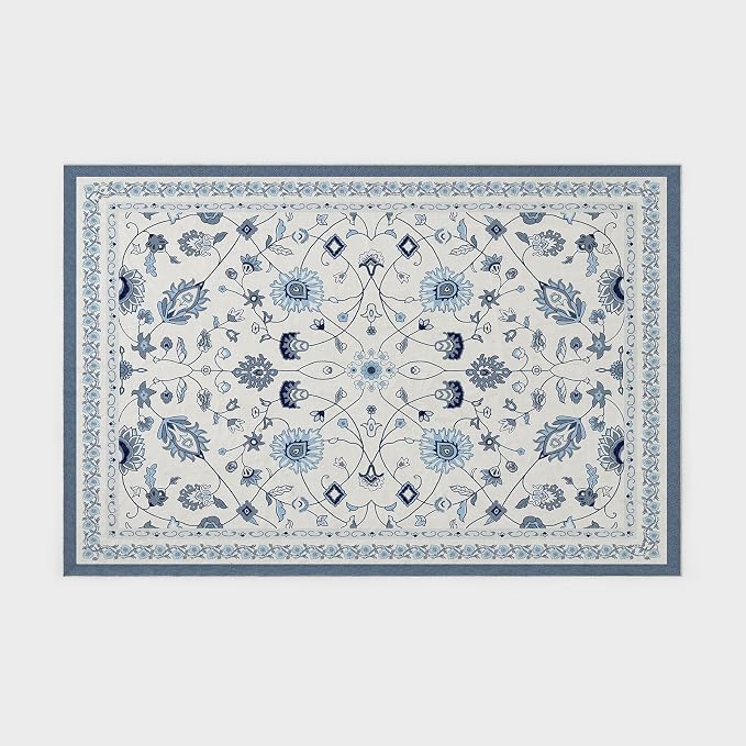 EVERGRACE Area Rugs for Living Room 6x9, Boho Floral Faux Wool Indoor Outdoor Rugs, Washable Rugs for Bedroom Dining Room Entryway Kitchen, Low Pile Floor Mat Carpet for Home Decor, Porcelain Blue