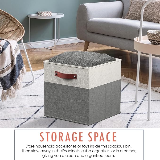 Ornavo Home 13x13 Foldable Fabric Storage Cube Bins, 6 Pack, White/Gray | Collapsible Linen Shelf Basket Organizer; Leather Handles; Ideal Cube Storage For Closet