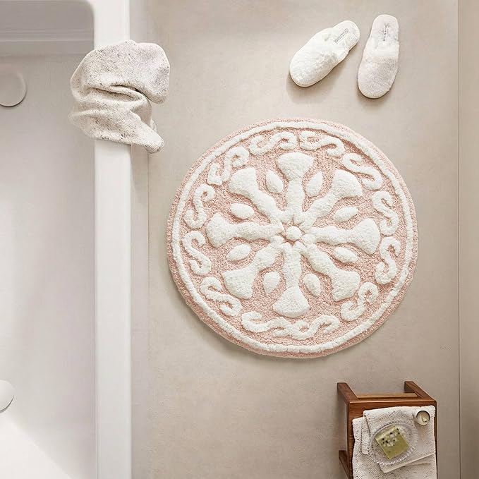Madison Park Casablanca Tufted Cotton Bath Rug Non-Slip, Round 25", Pink | Luxurious Plush Bath Mat, Quick Dry, Soft, Machine Washable, Floral Pattern, Absorbent, Plush, OEKO-TEX, for Bathroom