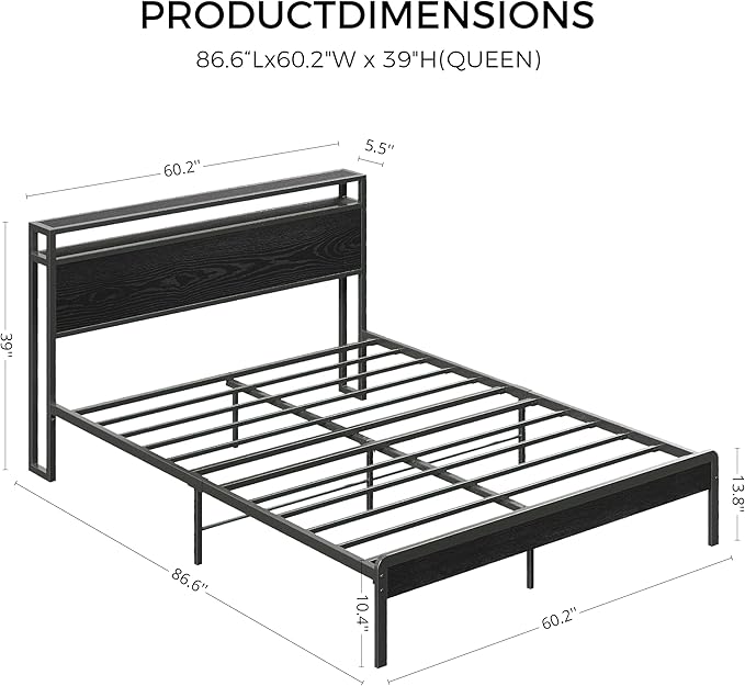 LIKIMIO Queen Bed Frame with 2-Tier Storage Shelf Headboard | Dark Wood Platform Bed, Camas Queen with Strong Metal Supports, Sturdy, Noise-Free, No Box Spring Needed, Black