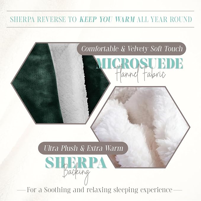 Elegant Comfort Throw Blanket, Reversible Sherpa Flannel, Ultra-Soft, Fuzzy, Cozy and Plush- All Season Lightweight Decorative Throw, 50 x 60 inches, Solid Sherpa Throw, Hunter Green