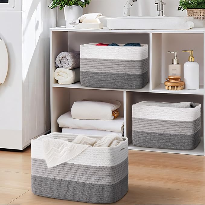 Baskets for Organizing,Storage Baskets,3 Pack Baskets for Shelfves,15"×10"×9" Woven Grey Basket,toy storage bins,bins for organization