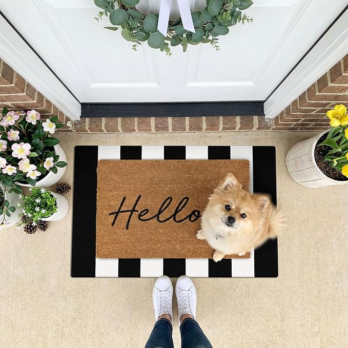 KOZYFLY Black and White Striped Rug 2x3 ft Doormat Cotton Woven Washable Indoor Outdoor Rug Small Front Door Rugs for Entryway Porch Kitchen Patio Decor