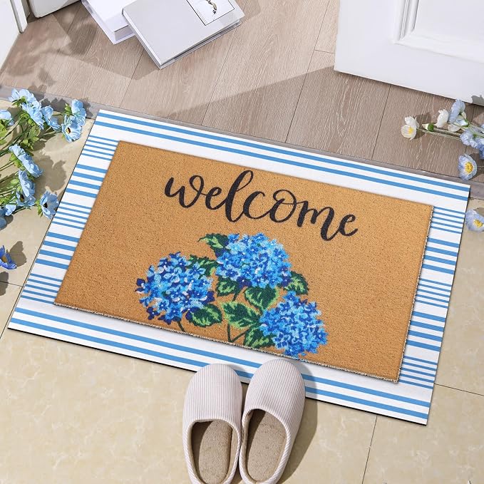 Tinideya 2 Pcs Hydrangea Door Mat Blue and White Stripe Welcome Non Slip Flower Coir Mats Floor Layering Floral Doormats Seasonal for Front Porch Entryway Decor(Blue Flower)