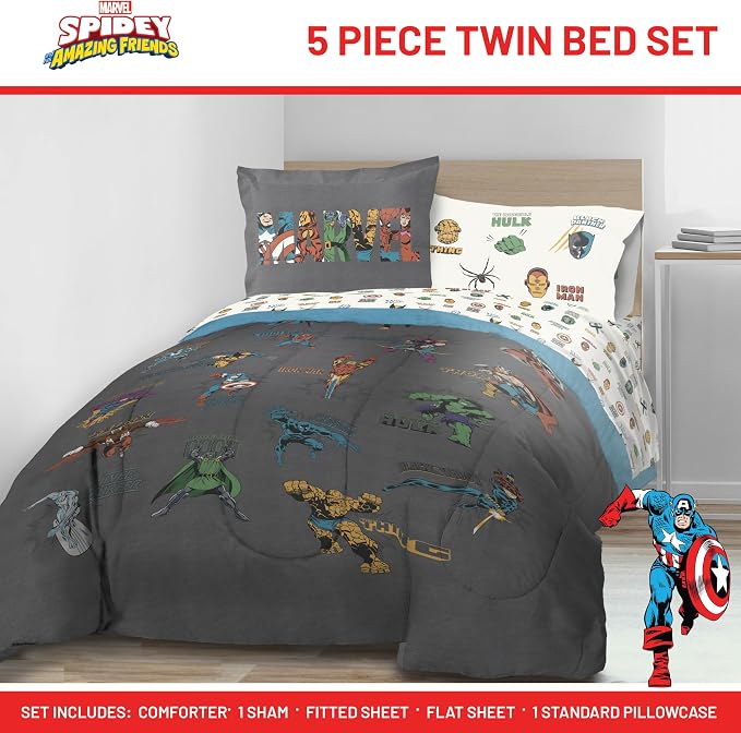 Marvel Comics Avengers Twin Comforter Set 5 Piece Bedding for Boys, Gray | Hulk Captain America, Comforter Sheets Sham Pillowcase, Official Product, Microfiber, Machine Washable, Boys Gift
