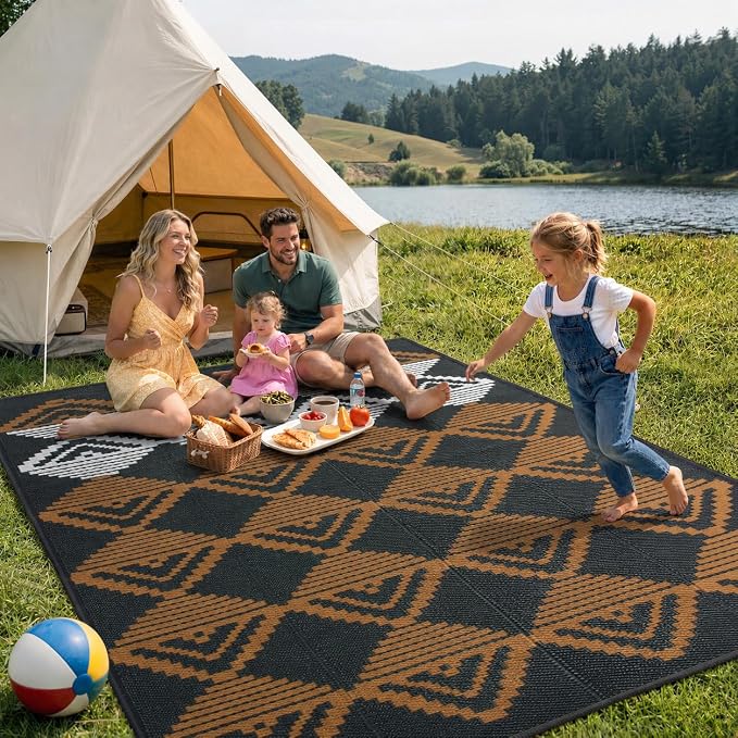 Lahome Outdoor Rugs 8x10 Waterproof, Reversible Plastic Large Outdoor Rug for Patios, Outside RV Mat Carpet for Patio Deck Porch Backyard Balcony Picnic Trailer (Black/Brown, 8' x 10')