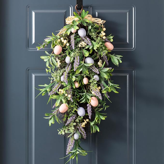 Glitzhome Easter Swag 28 Inch Artificial Spring Teardrop Wreath for Front Door & Porch Wall, Spring Easter Decor Decorative Swag