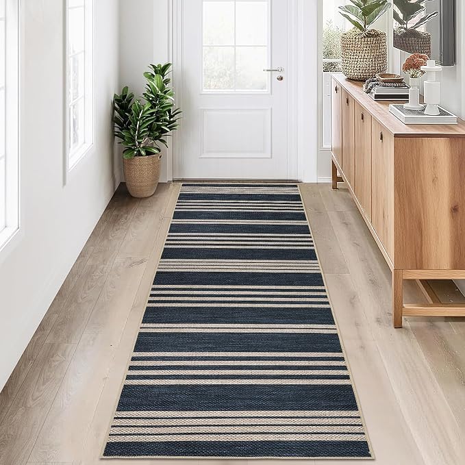 COZYLOOM Geometric Area Rugs 2x6 Runner Rug for Hallway Non Slip Stain Resistant Rug for Kitchen Modern Striped Non Shedding Low Pile Door Mats for Bathroom Bedroom Entryway Laundry Room, Navy Blue
