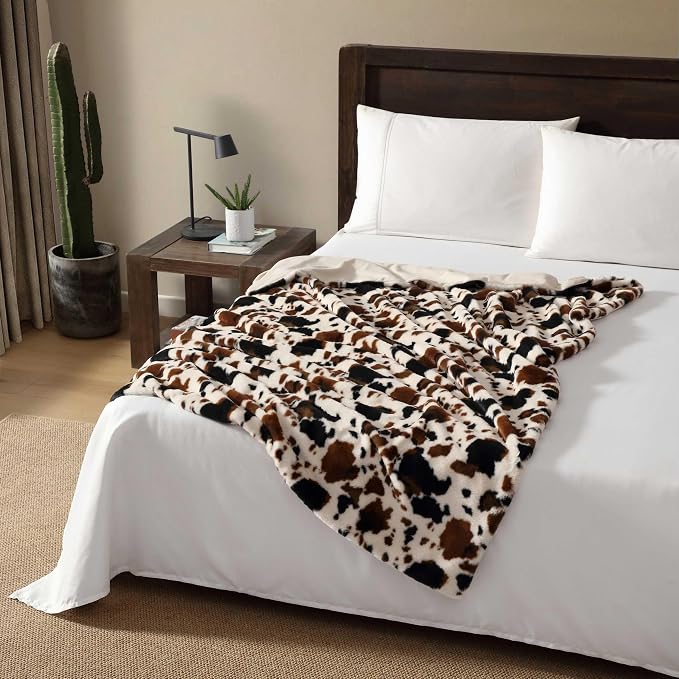 Wrangler - Blanket, Super Soft & Reversible Faux Fur Bedding, Yellowstone Inspired Throw Blanket for Couch or Bed (Spotted Cow Print Brown, 50" x 70")