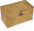 Hipiwe Wicker Shelf Baskets Bin Handwoven Seagrass Storage Basket with Lid | Rectangular Household Basket Boxes for Shelf Wardrobe Home Organizer, Caramel Medium