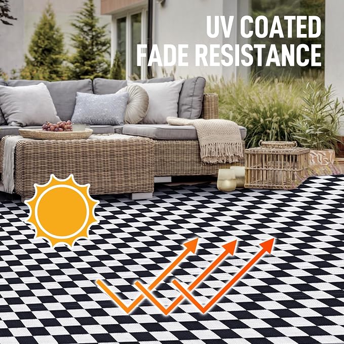 GOTGELIF Checkered RV Mat - 9x18FT, Reversible & Water-Resistance & Portable for RV Trips, Picnic, Camping, Outdoor, Garden, Patio - Black and White Checkered