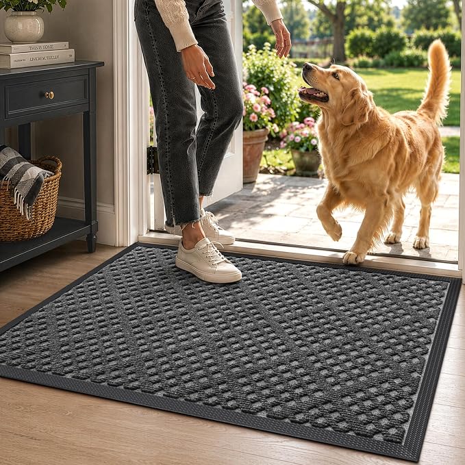 DEXI Front Door Mat Outside Entrance, 2x3 Heavy Duty Entry Doormat Dirt Trapper with Rubber Back, Non Slip Low Profile Floor Mats for Entryway Exterior Patio, Rhombic Grey