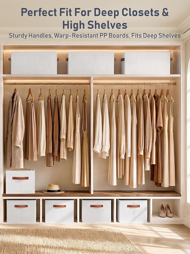 4 Pack Large Closet Storage Baskets Bins for Shelves, Collapsible Fabric Closet Organizers and Storage with Polyester Handles, Decorative Baskets for Organizing Clothes, Towels, Linen Closet 14"x10"