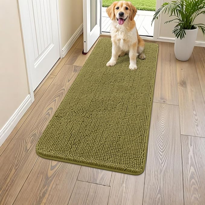 Smiry Dog Door Mat for Muddy Paws 47x24, Absorbent Dirt Trapper, Non-Slip Washable Chenille Entryway Rug for Inside Floor, Willow Green, Classic Solid