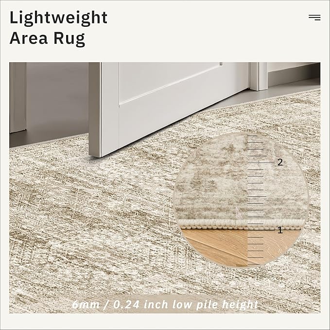 5x7 Area Rugs Brown Low Pile Indoor Washable Trendy Faded Style Rugs for Bedroom Living Room Dining Room Foldable Non-Slip Thin Print Mat