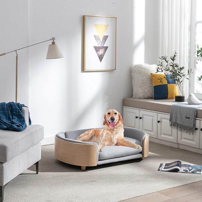 Pet Sofa Bed for Small Medium Dogs Cats, Removable Washable Plush Cushion Elevated Anti-Slip Durable Pet Couch Lounge Furniture for Living Room Bedroom (Light Gray, Large)