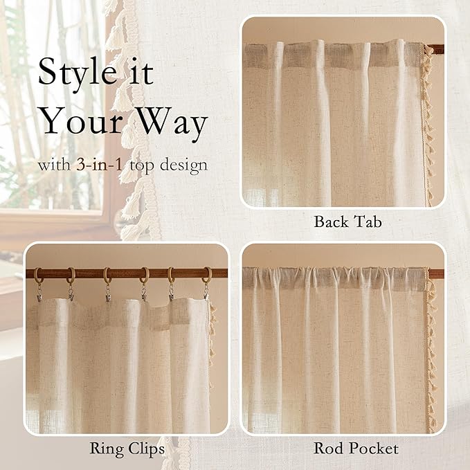 MYSKY HOME Linen Sheer Curtains 63 Inch Length for Small Windows,Light Filtering Privacy Protect Drapes Set with Macrame, Back Tab Boho Style Farmhouse Home Decor, 50" x 63", 2 Panels