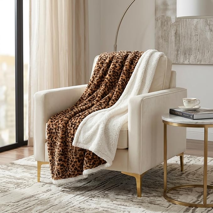 Sherpa Fleece Throw Blanket - 50x60-Inch Machine-Washable Reversible Throw - Fluffy Blankets for Couch, Chair, or Bed by Lavish Home (Leopard)