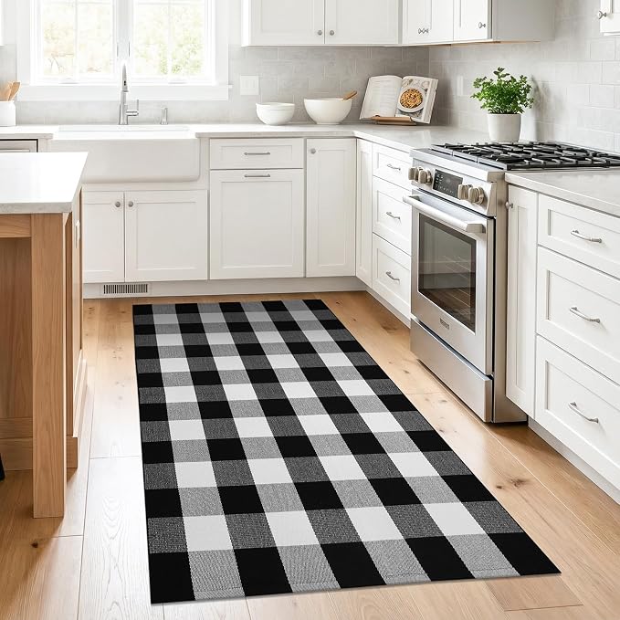 KILOCOCO Buffalo Plaid Checkered Rug 3x5 ft Black White Front Door Rug | Machine Washable Front Porch Rug, Outdoor Indoor Entryway Rug, Cotton Layered Doormat, Low Pile Rugs for Kitchen Patio