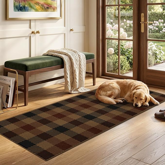 JTJ Outdoor Runner Rug 2x6, Buffalo Plaid Easy Jute Washable Indoor Outdoor Rug, Farmhouse Non Slip Runner Rug for Living Room, Patio, Entryway and Front Door