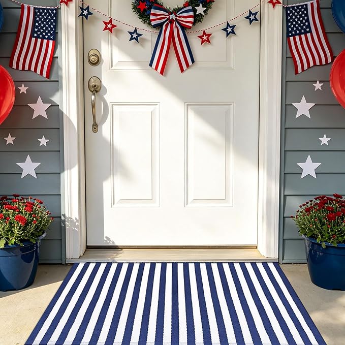 CAINANEL Blue and White Striped Rug 4th of July Door Mat Summer Front Porch Rug Independence Day Welcome Doormats for Farmhouse Entrance Porch Outdoors Decor(Blue and White, 24'' x 35'')