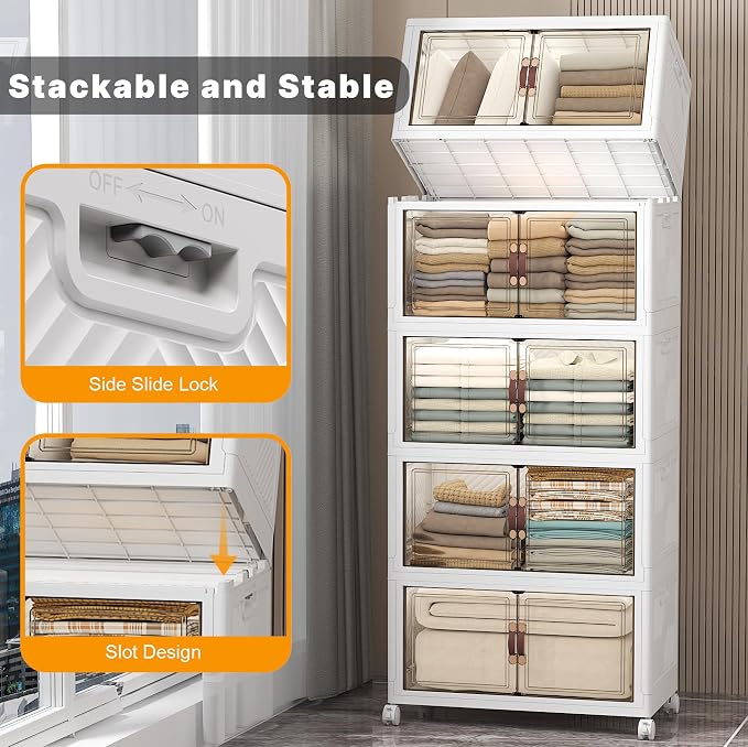 UAMFURI Stackable Storage Bins, 560QT Collapsible Drawers with 1 Lid | Large Capacity, Magnetic Door, Stack Lock, Rolling Wheels, Foldable Design, Organizers and Storage for Bedroom Dorm Garage