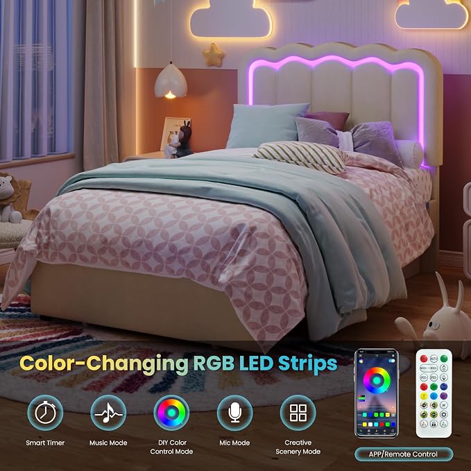 SHA CERLIN Twin Size Bed Frame with LED Lights and Storage Drawer, Cream | Upholstered Velvet Platform Bed with Adjuatable Wavy Headboard, Noise-Free, Easy Assembly,No Box Spring Needed