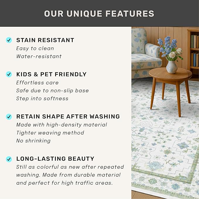 Hazo Haus Oushak Wide Hallway Runner Rug 2'6"x8' - Vintage Turkish Floral, Washable Low Pile Non Slip Extra Long Runners for Kitchen, Hall Way - Cream Blue and Green