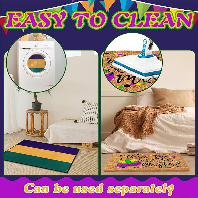 Moucuny 2 Pcs Mardi Gras Coir Doormat Outdoor Mardi Gras Welcome Outdoor Rug Layered Purple Yellow Green Stripe Rug for Carnival Front Porch Entryway Decor