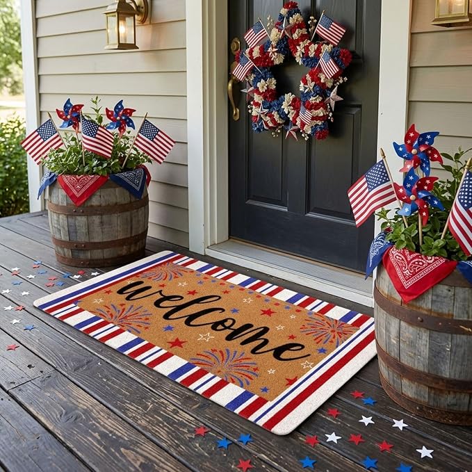 4th of July Patriotic artificial Coir Door Mat USA Red White Blue Stripe Welcome Mats 17x30 inches Star Fireworks Shell Fiber Rug Independence Memorial Day Doormat 250 Anniversary Indoor Outdoor Decor