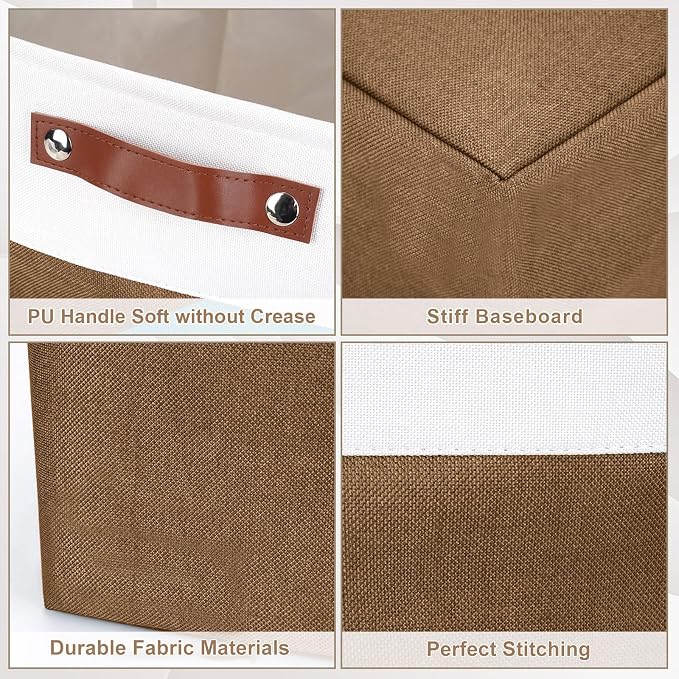 Bagnizer Storage Bins Large Fabric Storage Baskets for Shelves 3 Pack, Decorative Linen Closet Baskets with Handles for Organizing, Shelf, Clothes, Home, Office, 15x11x9.5Inches (Brown&White)