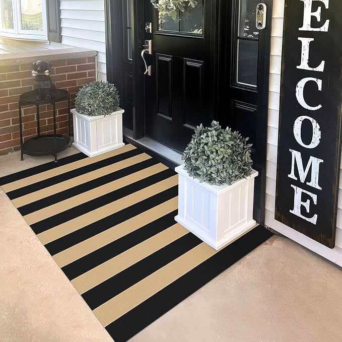 KILOCOCO Striped Rug 3x5 ft Washable Front Door Outdoor Rug, Brown Black | Cotton Layered Doormats, Washable Front Porch Rug, Woven Low Pile Welcome Mat for Kitchen Entryway Farmhouse Patio