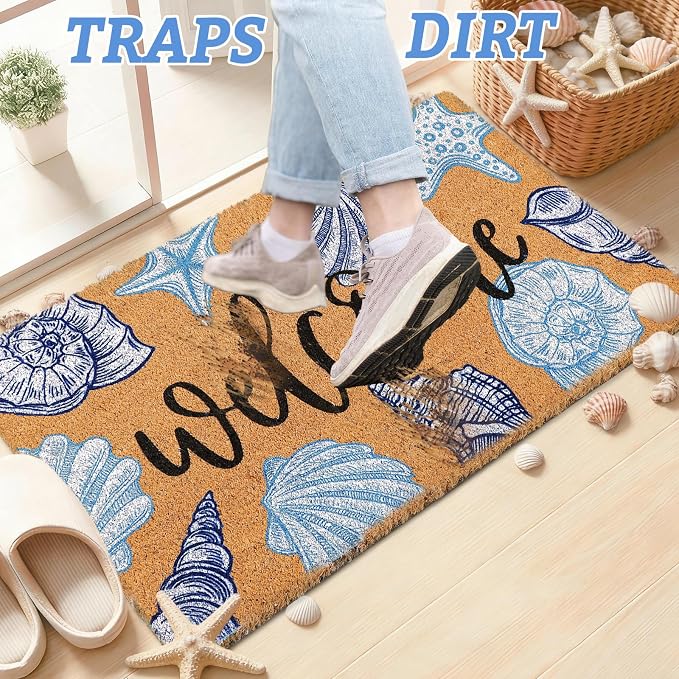 JarThenaAMCS Seashell Beach Doormat Natural Coir Welcome Floor Mat Blue White Coastal Starfish Conch Non-Slip Entrance Door Rug for Summer Indoor Outdoor Home Bathroom Decor