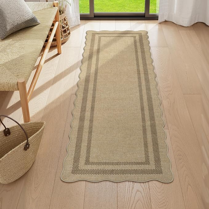 LIVEBOX Scalloped Washable 2x6 Kitchen Runner Rug, Easy Jute Geometric Tan Rugs for Entryway Hallway, Indoor Outdoor Non Slip Rug Farmhouse Modern Carpet Door Mat for Porch Bedroom Laundry Room