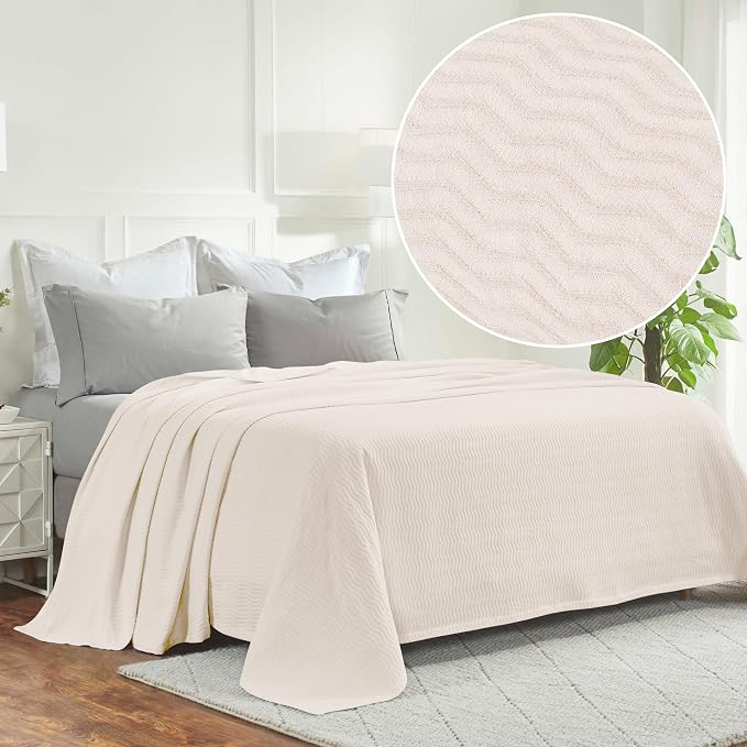 Superior JENA Cotton Blanket, for Picnic, Beach, Traveling or Camping, Bedroom Decor, Essentials, Cover for Bed, Couch, Lounging, Textured Jacquard, Modern Chevron Woven Blanket, King, Ivory