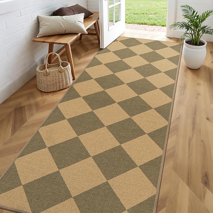 Lessymo Checkered Runner Rug 2.6x8 for Hallway, Washable Kitchen Runners | Non Slip Easy Jute for Entryway, Farmhouse Geometric Indoor Carpet Outdoor Rugs for Patio Backyard Porch, Diamond Brown/Beige