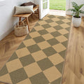 Lessymo Checkered Runner Rug 2.6x8 for Hallway, Washable Kitchen Runners | Non Slip Easy Jute for Entryway, Farmhouse Geometric Indoor Carpet Outdoor Rugs for Patio Backyard Porch, Diamond Brown/Beige