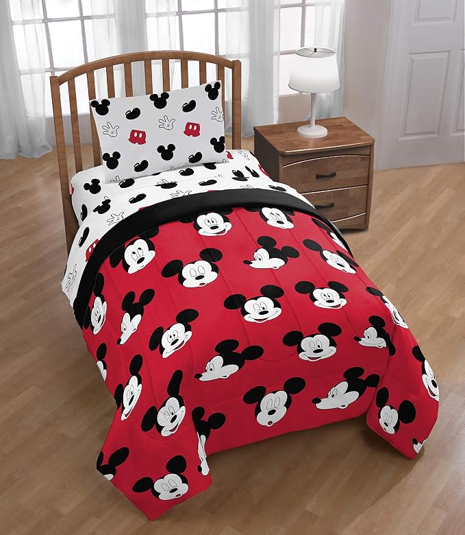Disney Mickey Mouse Twin Comforter Set 4 Piece Kids Cartoon Bedding, Red | Bed in a Bag, Comforter Sheets Pillowcase, Official Product, Soft Microfiber, Machine Washable, Easy Care, Kids Gift