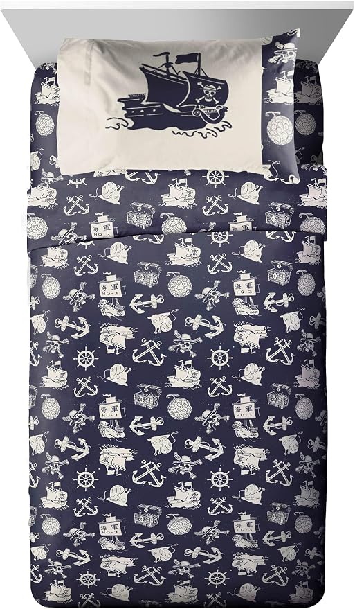 One Piece Luffy Twin Comforter Set 5 Piece Soft Anime Bedding, Blue | Bed in a Bag, Comforter Sheets Sham Pillowcase, Official Product, Soft Microfiber, Machine Washable, Kids Gift