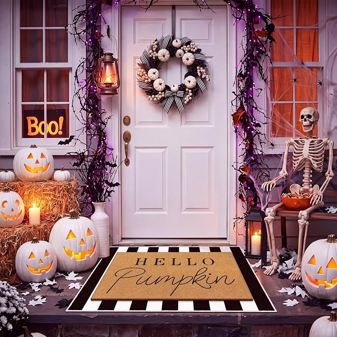 Tinideya 2 Pcs Fall Pumpkin Layering Door Mat, Hello Pumpkin Welcome Coir Mats with Black and White Non Slip Rug for Autumn Front Porch Entryway Decor