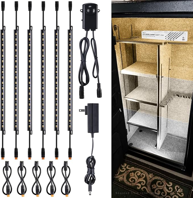 TORCHSTAR 6pcs 12 Inch LED Safe Lighting Kit, Motion Sensor, 3CCT | UL Power Adapter, Input 100-240V, Linkable Gun Safe Light Bars, 900LM, for Under Cabinet Locker Closet, 3000K/4000K/5000K