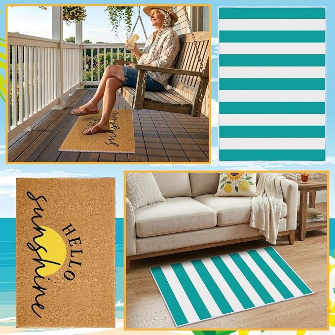 2 Pcs Layered Front Porch Decor, Hello Sunshine Welcome DoorMats Summer Coastal Entryway Rug Set, Light Blue White Striped Crystal Velvet Base and PVC Coil Door Mat, 15.7x23.6 & 23.6x31.5