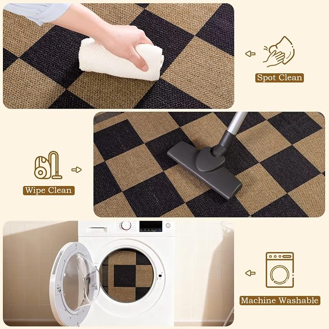 Patio Porch Balcony Runner Carpet Indoor Bedroom Kitchen Laundry Mat, Non Slip Plaid Farmhouse Carpets, Black and Brown