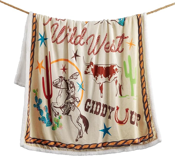 Indigo Hill by HiEnd Accents Retro Rodeo Sherpa Throw Blankets, Riders Salute Cowgirl Horseshoe Cactus Print Western Blanket for Camping, Rustic Southwest Southwestern Fleece Blanket, 54x68 inch
