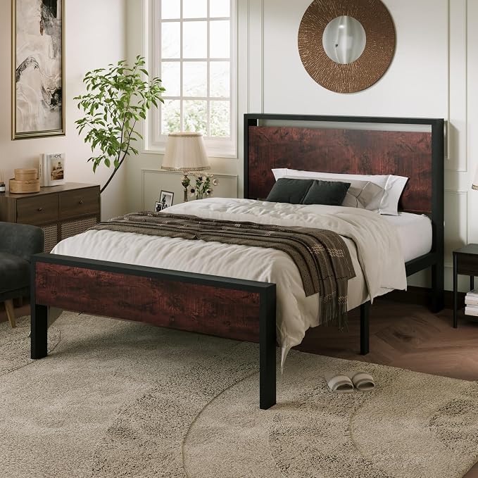 Allewie Twin Size Bed Frame, Heavy Duty 12 Metal Slats Support, Mahogany | Wooden Headboard and Footboard, Modern Platform Bed, No Box Spring Needed, Under-Bed Storage, Noise Free, Easy Assembly