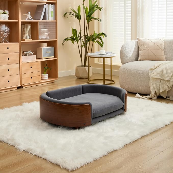 Scandinavian Style Elevated Dog Bed Pet Sofa with Solid Wood Legs and Bent Wood Back, Velvet Cushion, Large Size, Walnut Frame & Dark Grey Cushion