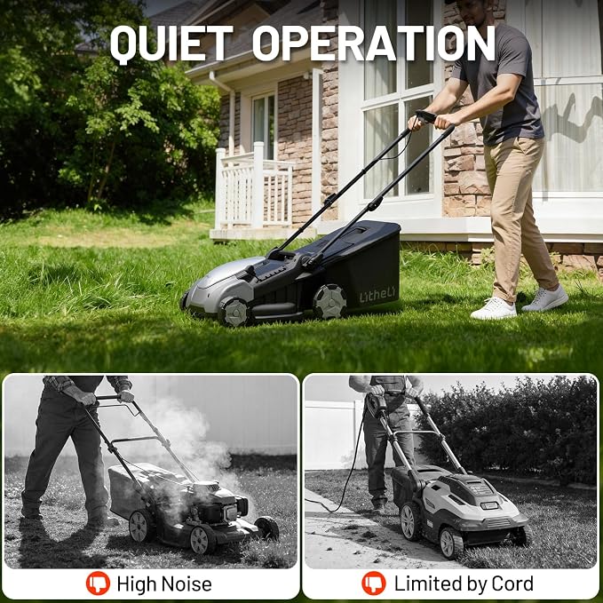 Litheli Electric Lawn Mower Cordless 16", Grass Cutter Machine for 3200 Sq. Ft, 2 in 1 Bagging/Mulching, Brushless Motor, 6 Cutting Heights, Includes 2 * 5.0 Ah Battery and Charger
